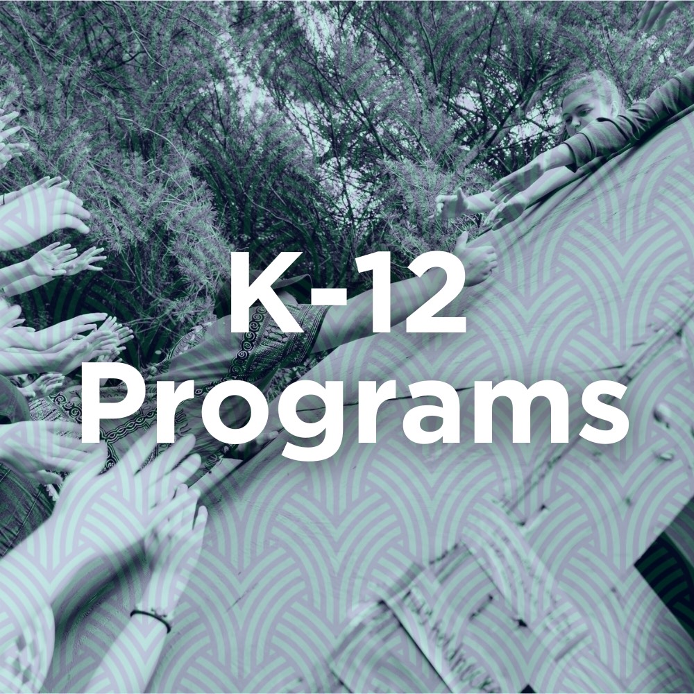 "K-12 Programs" written in white over background of weave pattern and kids helping each other